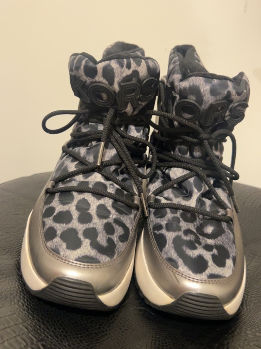 Michael Kors Black Gray Leopard-Print Ankle Booties